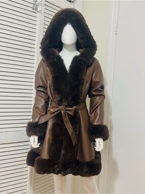 Women's Brown Faux-Leather Trench Coat with Plush Hooded Trim